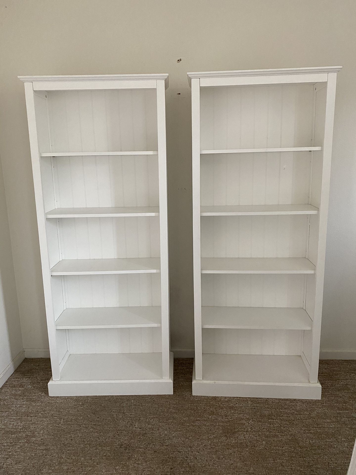 (2) 6’ White Bookcases with beadboard backing