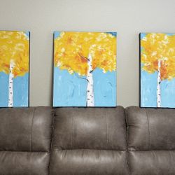 Three 20x24 Paintings Birch Trees Acrylic On Canvas 