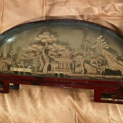 CARVED CORK FINE DETAIL TREES BIRDS TEMPLE ARCHED CHERRY WOOD FRAMED IN GLASS