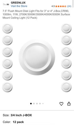 7.5" Flush Mount Disk Light Fits for 3" or 4" J-Box, CRI90, 1000lm, 11W, 2700K/3000K/3500K/4000K/5000K Surface Mount Ceiling Light (12 Pack)