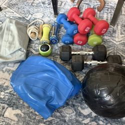 Fitness Weights (x6), Stability Balls (x2)  Weighted Ball, Jump Rope, Foot Rollers, Single Roller. 