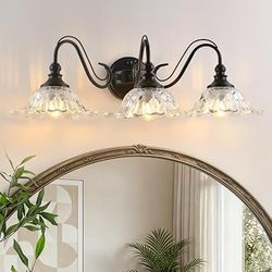 Vintage Black Bathroom Light fixture, 3-Lights Ruffled Petal Glass Shades