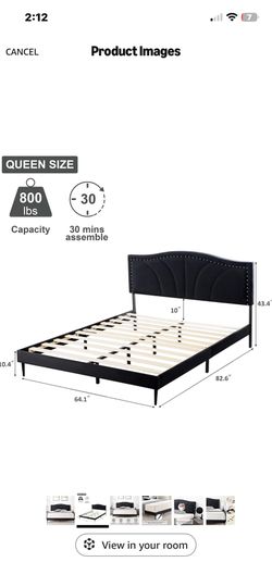 New：Queen Size Black Upholstered Bed Frame with Scalloped Headboard