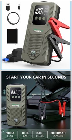 6000A Car Battery Jump Starter, 20000mAh Battery Jumper Starter Portable (10L Gas/8L Diesel), 12V Car Jumper Starter Portable, Jump Box Jump Pack with