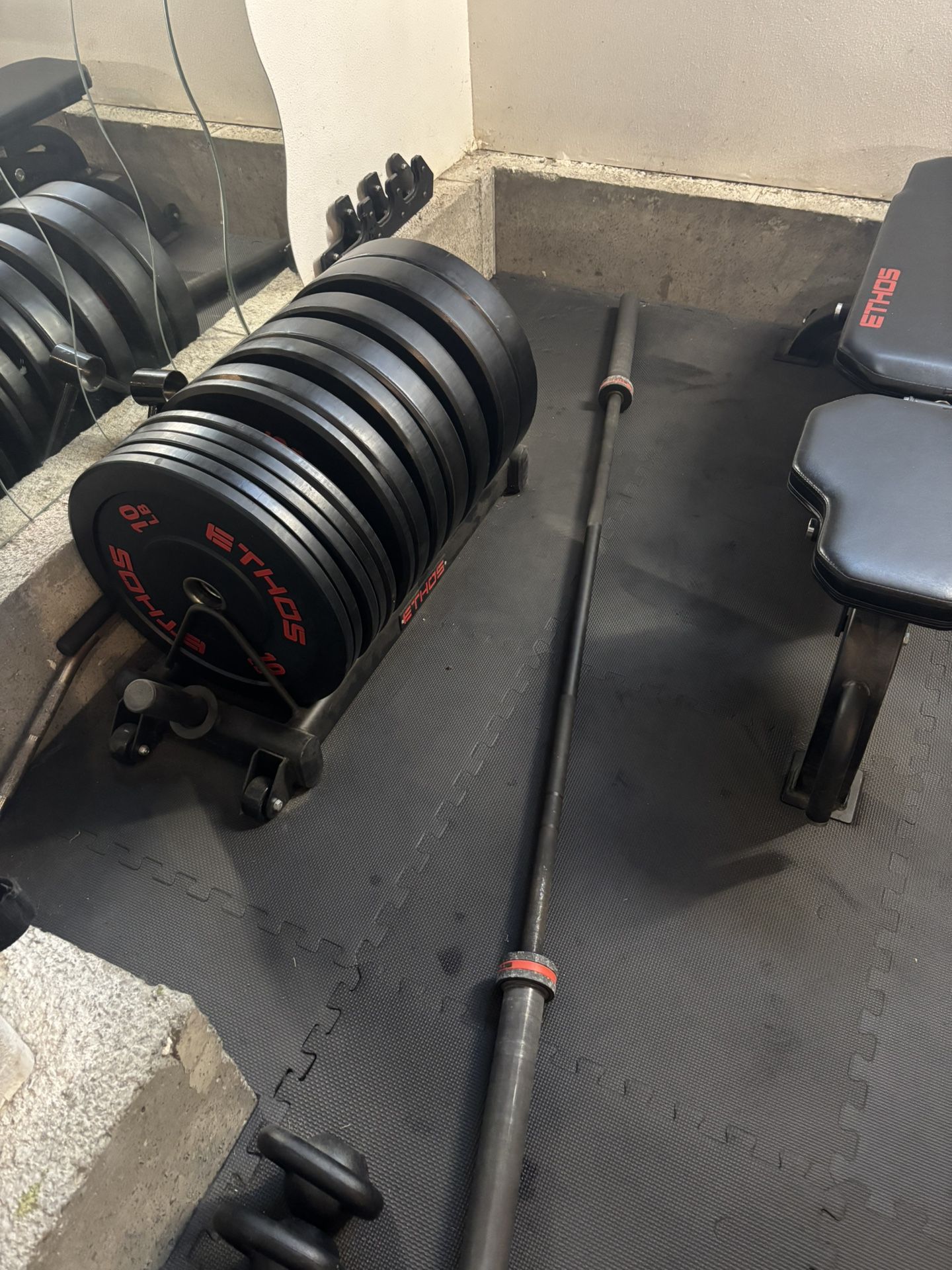 Gym Equipment - Olympic Bar with 325lbs and landmine setup