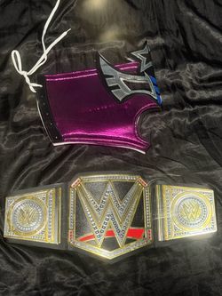Women’s Lucha Libra pink mask with championship belt prop