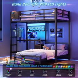 Bunk Bed with Desk,Led Lights and Charging Station Metal L-Shaped Twin Over Twin Bunk Beds with Storage Drawers and Shelves, Loft Bed with Safety Guar