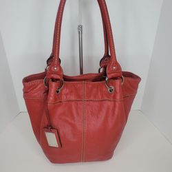 Tignanello Red Leather Medium Satchel Top Handle Purse Bag Snap Pockets
