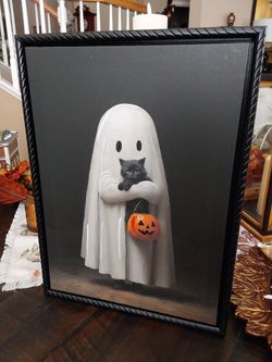 Halloween Ghost with Cat Framed Canvas Print