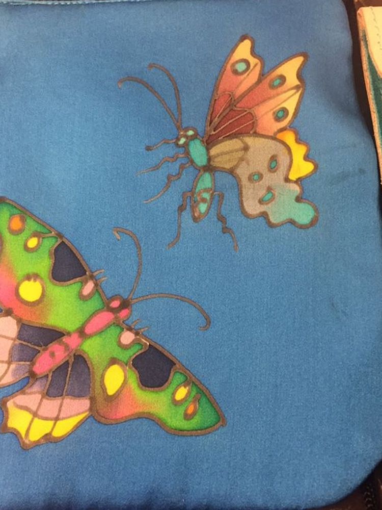 Beautiful Detailed Butterfly Leather Wallet And Small Blue silk Bag
