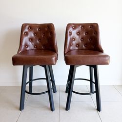 Counter Height Bar Chairs - Tufted Faux Leather - Cognac Brown - Modern Industrial