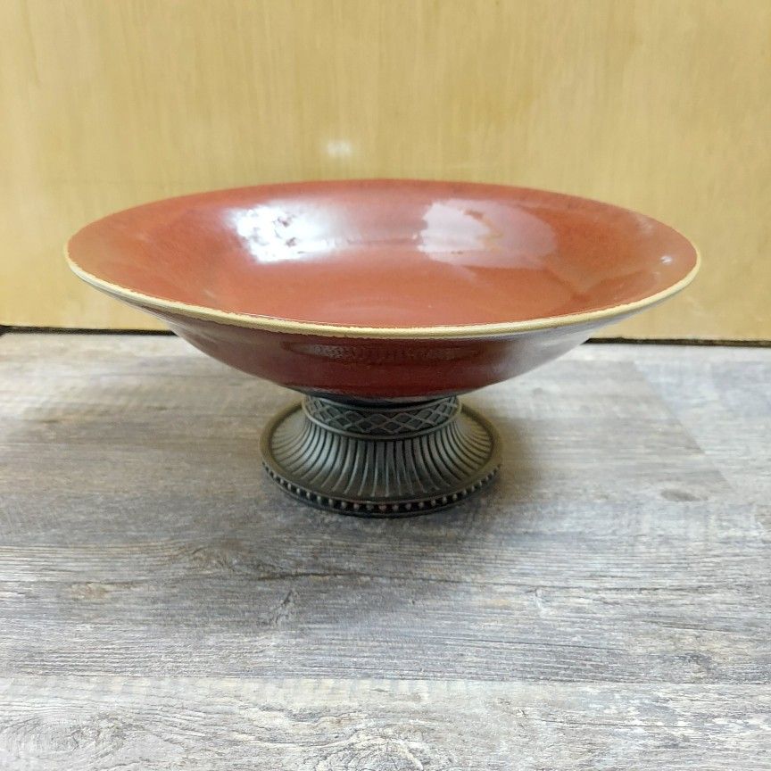 PartyLite Moroccan Spice Pedestal Stand Red Ceramic Fruit/Candle Holder 13" Bowl