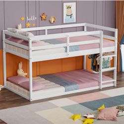 Low Bunk Bed Twin Over Twin, Floor Bunk Bed with Ladder, Twin Bunk Bed with Full Guardrails, Wooden Bunk Bed for Juniors, Boys, Girls, Kids, Bedrooms 