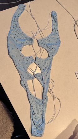 Light Blue Rhinestone Cut-Out Bodysuit / Swimsuit