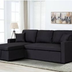 Black  Reversible Sectional Sofa Pull- Out Bed With Storage  Brand New 