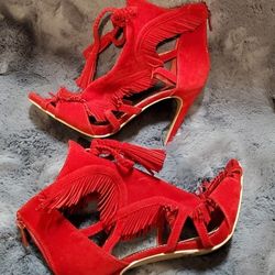 WOMEN'S COINS DROPPING HIGH HEEL Red Suede DRESS SHOE Size 8,5