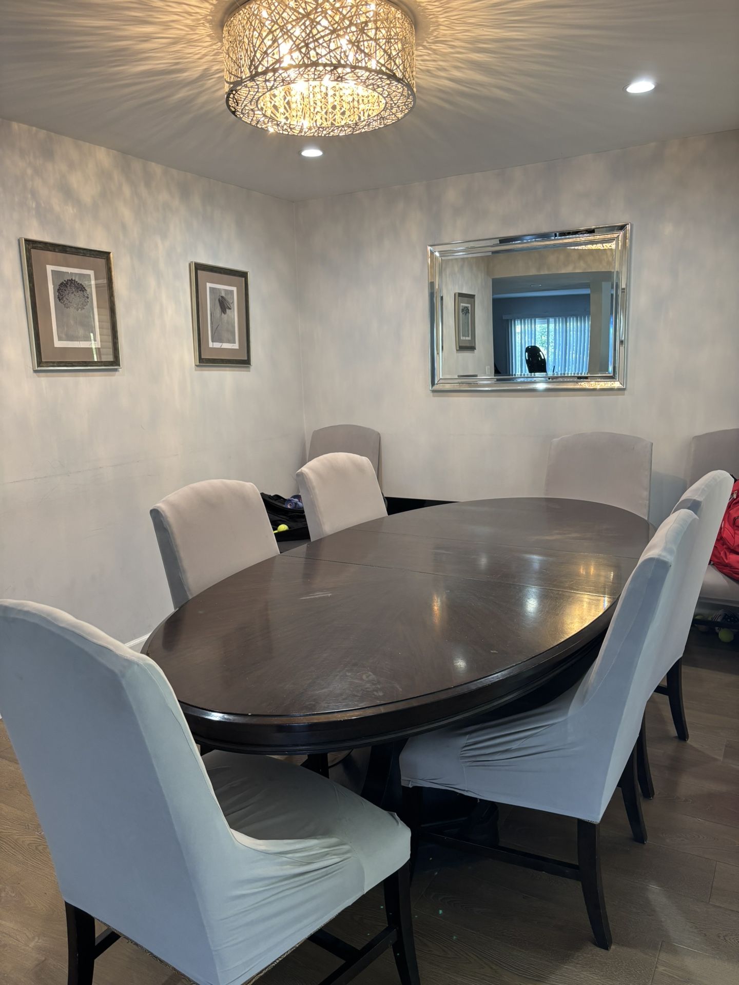 Gently Used Dinning Room Table With 8 Slip Cover Chairs