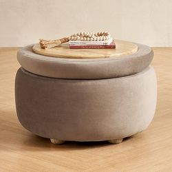 mopio Luna Round Ottoman with Storage and Tray, Round Coffee Table with Storage, Upholstered Foot Stools Ottoman for Living Room, Bedroom, with Solid 