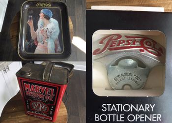 Vintage Pepsi Cola Starr X bottle opener, Coco-Cola tray, and Marvel Mystery Oil Can