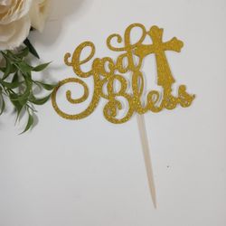Gold Glitter God Bless Cake Topper. First Communion Cake Topper. Baptism, Christening Cake Decor