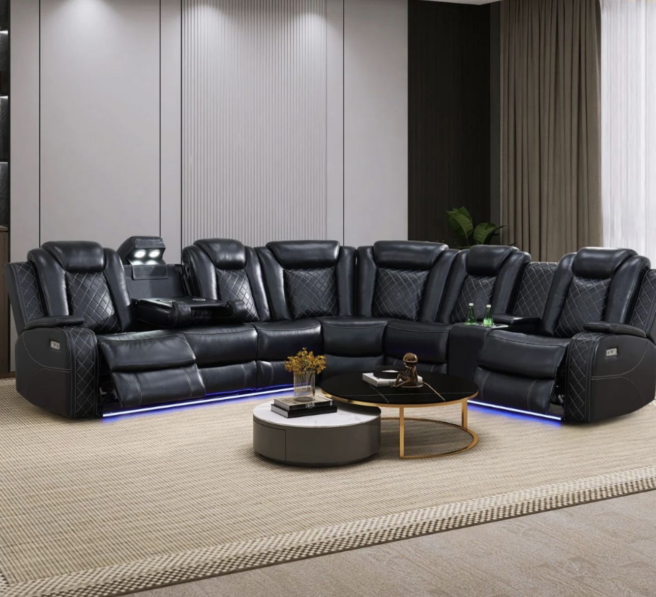Power Electric Black Leather Fully Reclining Sectional Couch