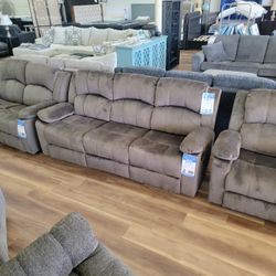 New 3pc Sofa Set In Brown,  Sofa, Loveseat, Recliner 