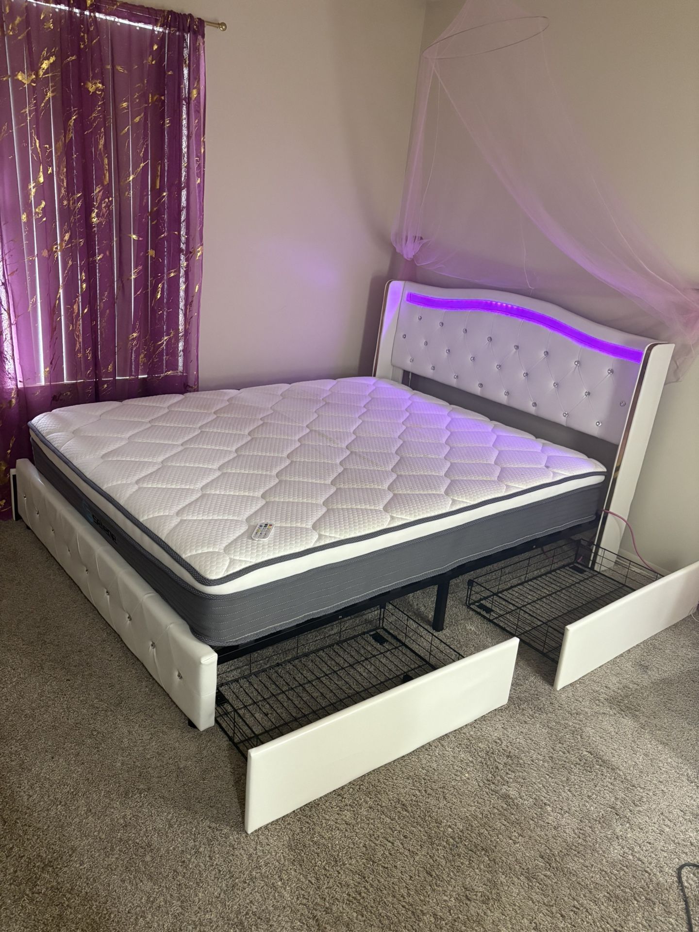 LED Queen Size Bed Frame with 4 Drawers