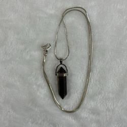 Black Crystal Point Pendant Necklace Silver Tone Snake Chain Healing Stone