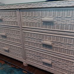 Wicker Double Drawer Dresser With Glass Top