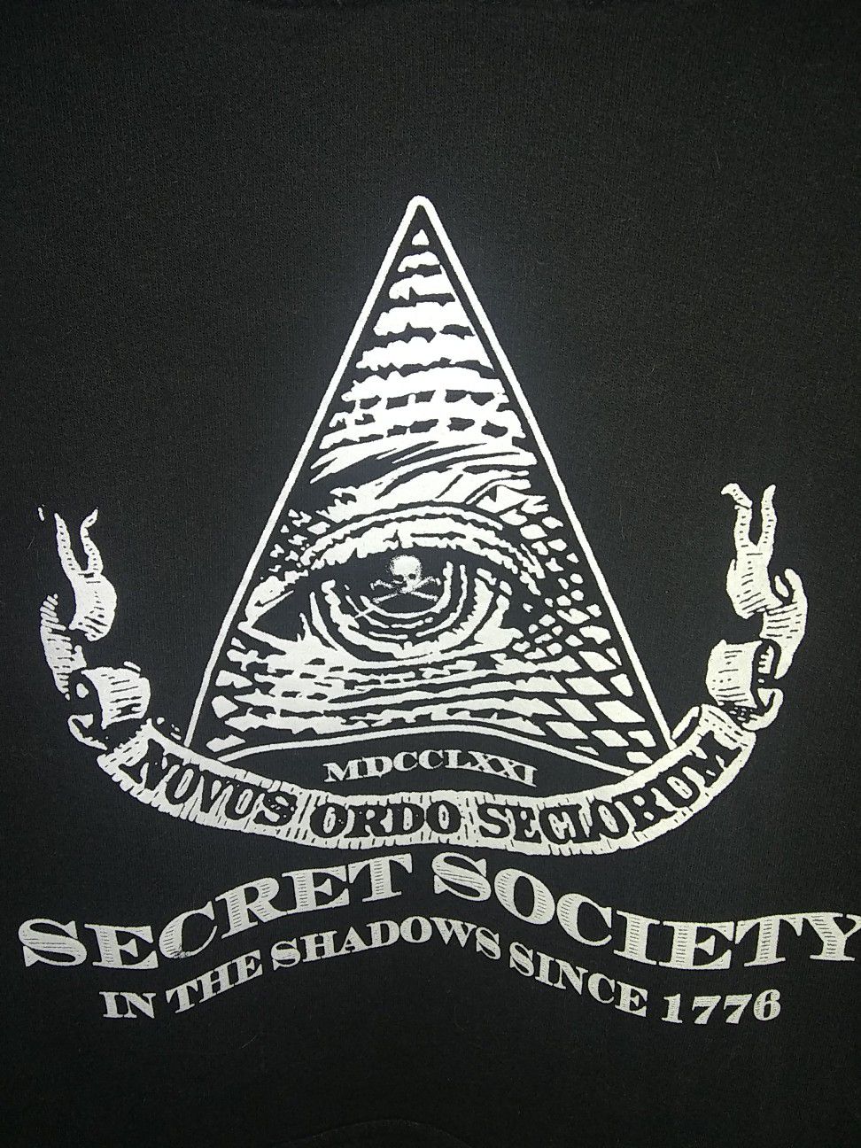 Black hooded Illuminati Secret Society Sweatshirt as and death mask