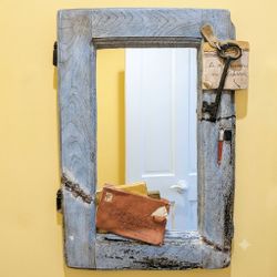 Handcrafted Rustic French Country Accent Mirror with Unique Ceramic Accents