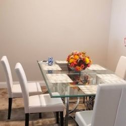 Glass Top Table With 2 Stands And 6 Chairs-Used