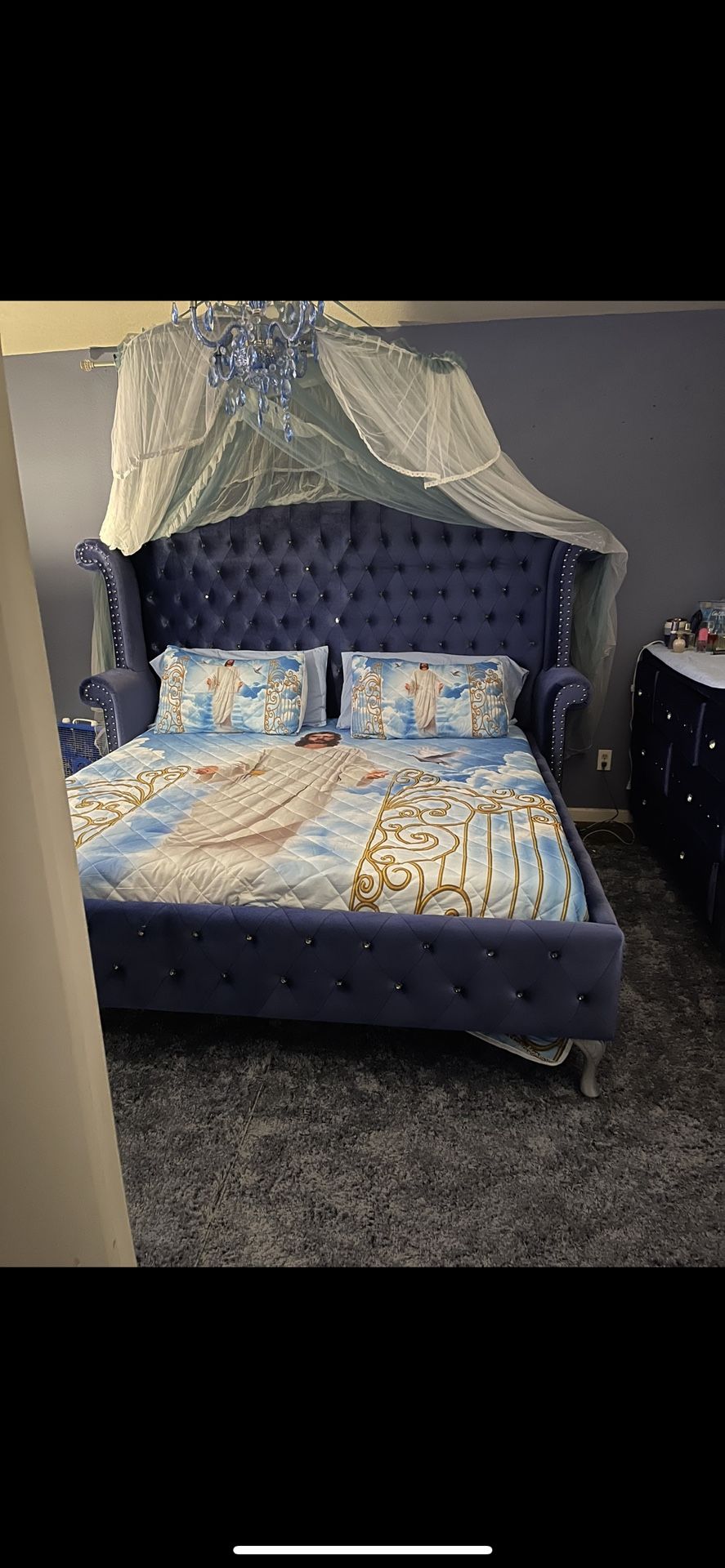 Beautiful king size complete bedroom blue velvet set $1,500 firm