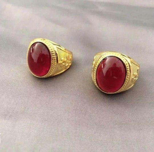 Men's 18K Gold Plated Retro Round large Gemstone Ring exquisite carving Red Stone Adjustable Ring