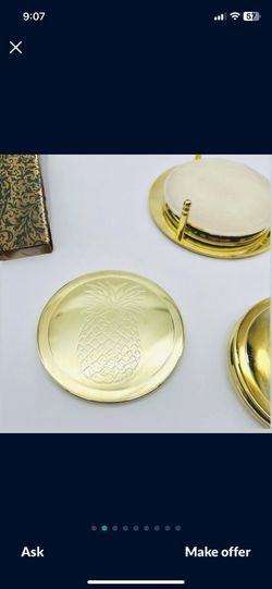 Heriloom Collection Of 6 Brass Coasters 3 3/4 In Wide With Holder (NEW)