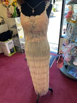 Pink Floral Applique and Beaded Fringe Maxi Dress/ xs