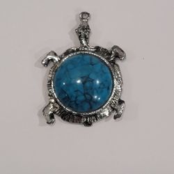 Vintage Large Turquoise Turtle Pendant ~ Southwestern, Silver Tone