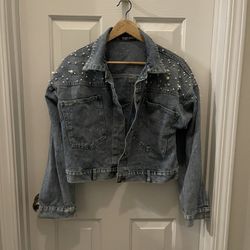 Women's Blue Denim Jacket with Pearl Embellishments