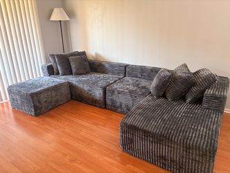 Gray Corduroy Modular Sectional Sofa with Pillows