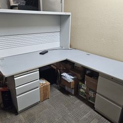 L-Shaped Office Desk w/ Hutch + Filing Cabinets – Heavy Duty Commercial – GREAT Condition