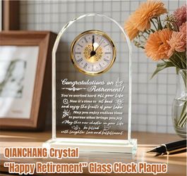 QIANCHANG Crystal Happy Retirement Glass Clock Plaque for Colleagues, Manager, Teacher or Friends