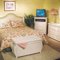 White washed pavilion wicker bedroom set queen