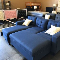 Brand New Navy Blue Linen Sectional Sofa +Ottoman (New In Box) 
