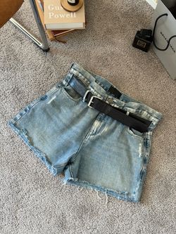 R+A denim shorts, high rise, light wash, distressed, frayed raw hem, cutoff shorts, belted jean shorts, summer shorts, casual everyday, street style, 