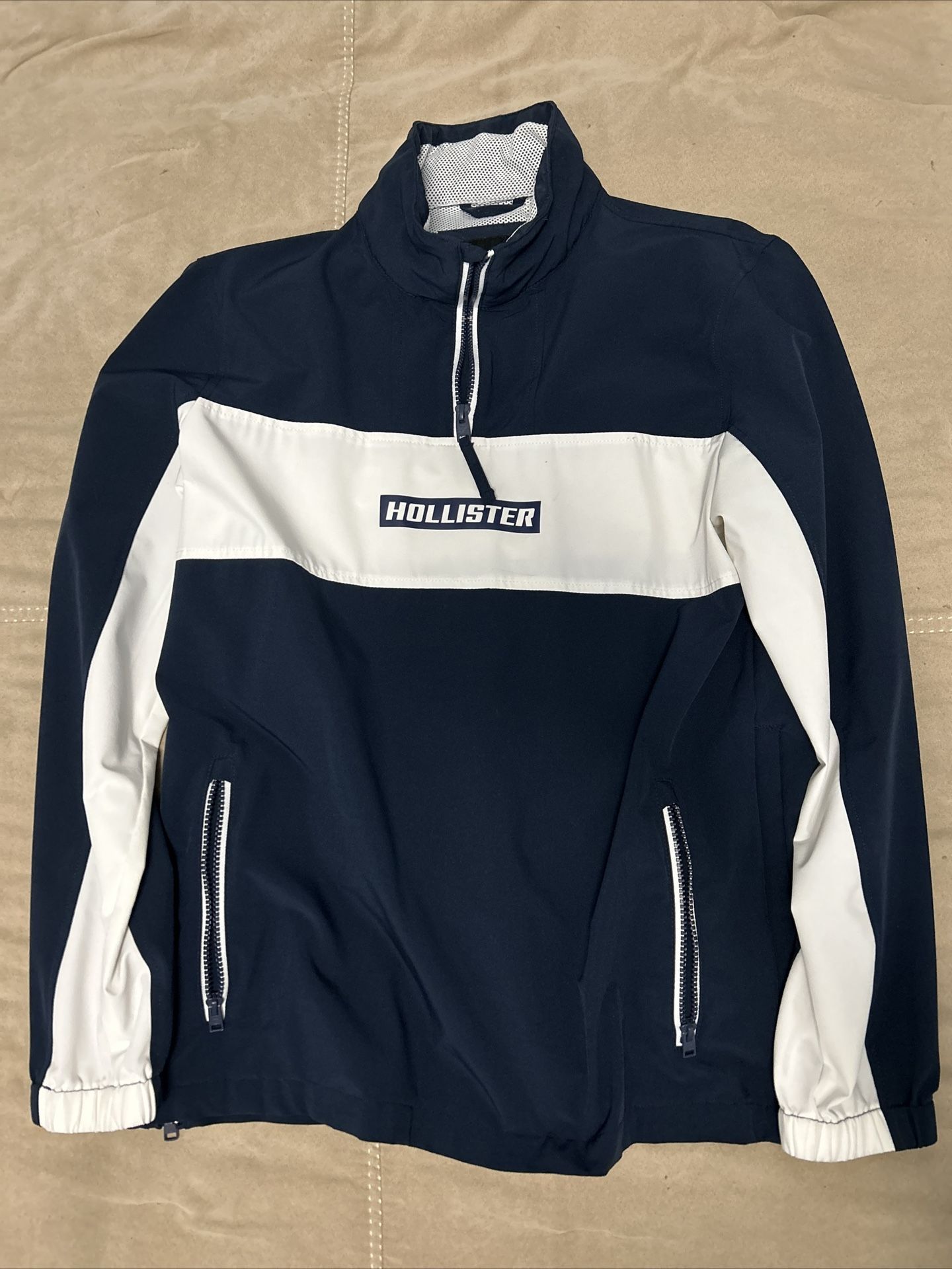 Hollister Windbreaker Quarter Zip Jacket Mens Medium Two Block White Navy Blue