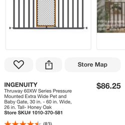 INGENUITY Thruway 60XW Series Pressure Mounted Extra Wide Pet and Baby Gate, 30 in. - 60 in. Wide, 26 in. Tall- Honey Oak