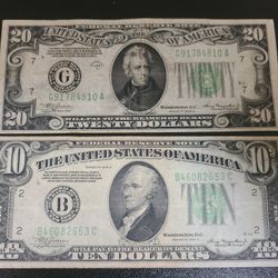 Lot 2 pieces 1934 a 20 dollar and 10 dollar bill!