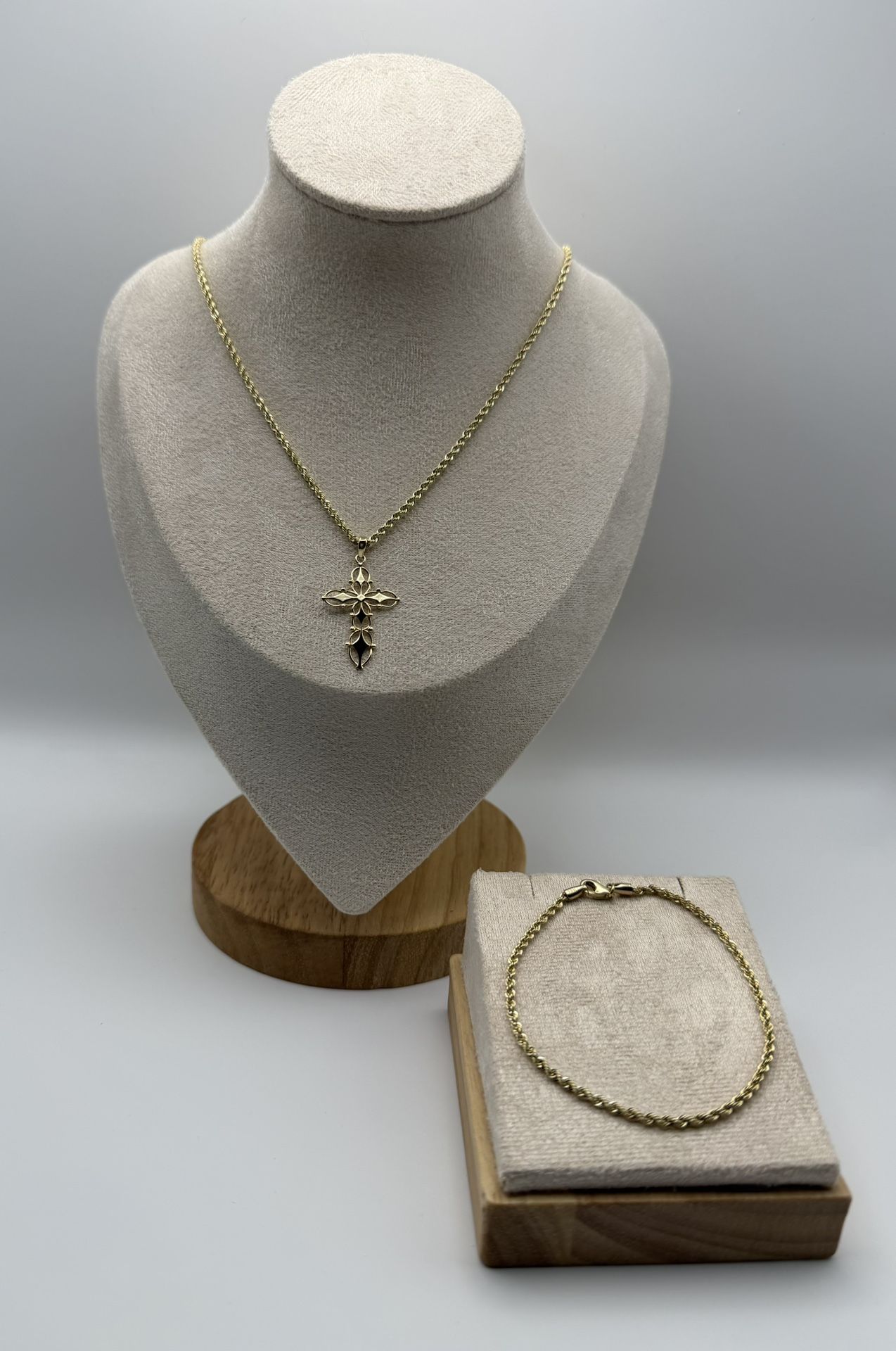 14k Gold Semi-Solid Rope Chain and bracelet 2.20mm+ 14k solid Feligree cross pendant- 3 Piece set