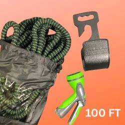 100 FT expandable garden hose featuring 10 different spray functions and made from extra-strength fabric