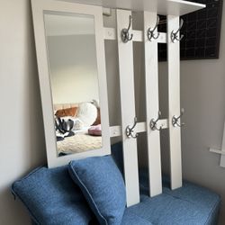 Wall-Mounted Coat Rack with Mirror + Shelf 